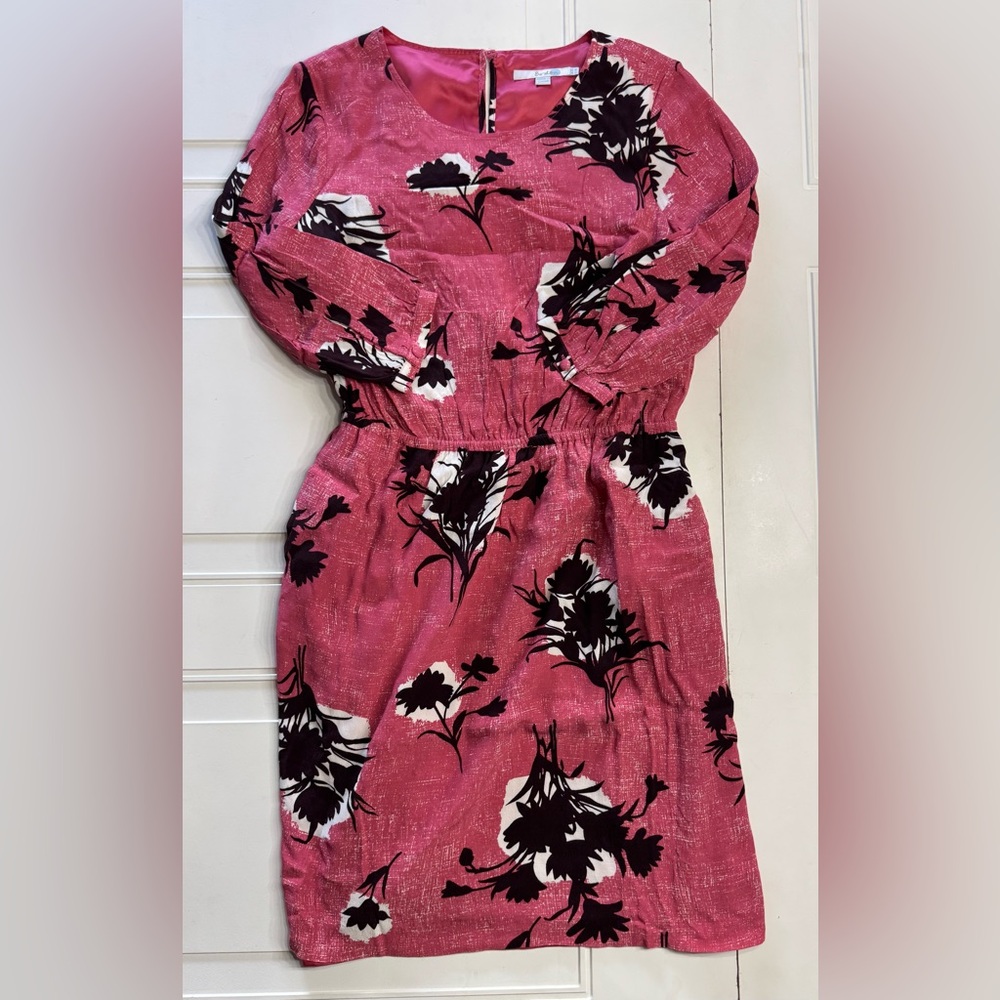Boden Jodie Pink Black Floral Long Sleeve Midi Dress Pockets Womens Sz 8L Long